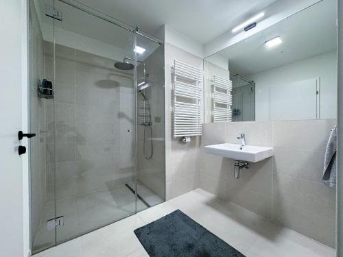 een badkamer met een glazen douche en een wastafel bij LUXUS-Apartment mit Weitblick in Wenen