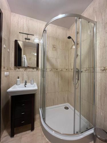 La salle de bains est pourvue d'une douche et d'un lavabo. dans l'établissement Apartament 'Wszędzie Blisko', à Kołobrzeg