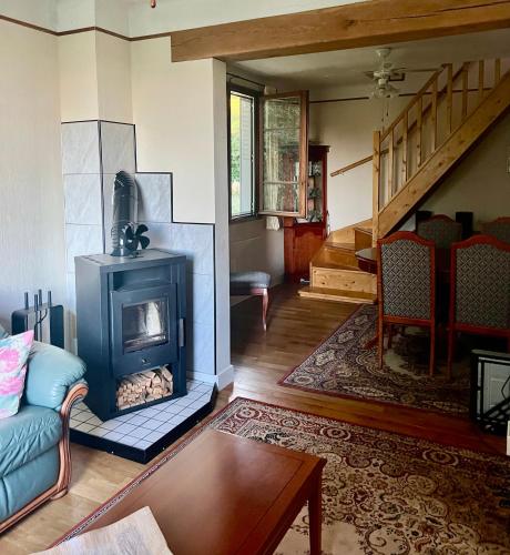 un salon avec une cheminée et un canapé dans l'établissement Bruyères, Myrtilles et Monédières en Corrèze, 1, à Peyrissac