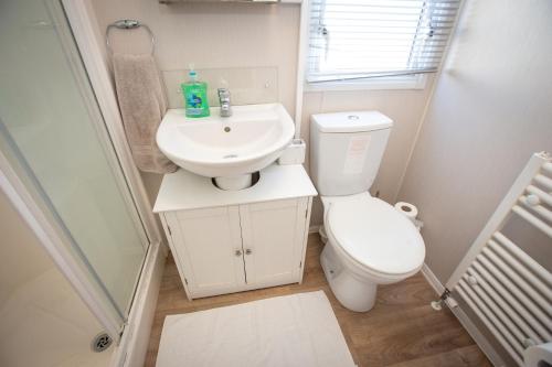 a small bathroom with a toilet and a sink at Sheerness Holiday Caravan for 6 in Sheerness