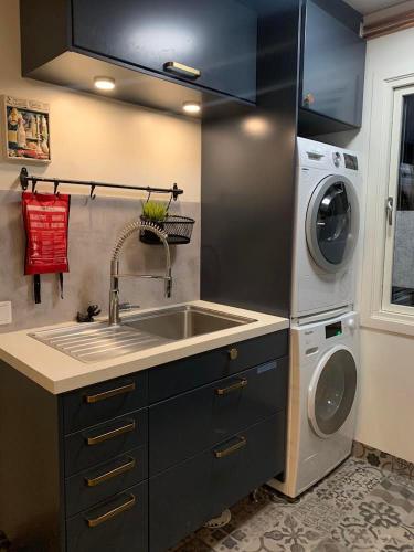 uma cozinha com um lavatório e uma máquina de lavar roupa em SIGTUNA STUDIO em Sigtuna