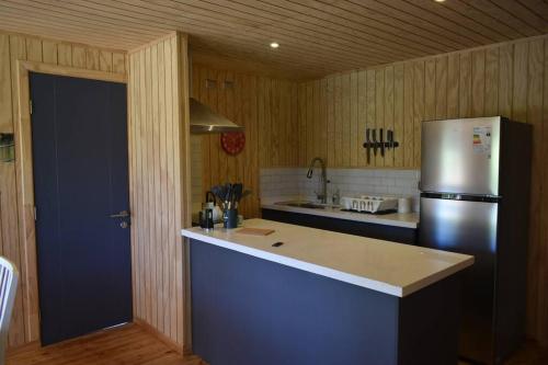 a kitchen with a refrigerator and a counter top at Beautiful Don Pedro Cabin, Chilean Patagonia. in Chaitén