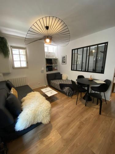 un salon avec un canapé et une table dans l'établissement Le Cosy Intra - Appt Cocon Parking privé, à Saint-Malo
