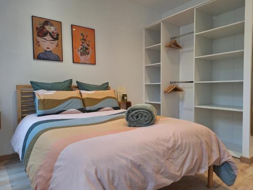 a bedroom with a bed and shelves at Chambre avec salle d'eau privée in Agen