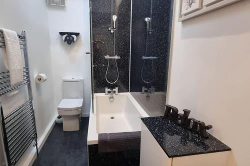 a bathroom with a tub and a toilet and a shower at Luxury Lake District Retreat above Ennerdale in Kirkland