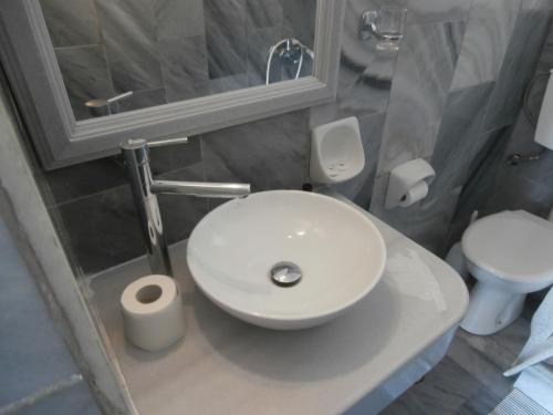 a bathroom with a white sink and a toilet at Galini Bungalows in Kionia
