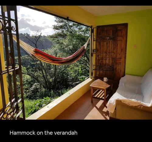 a hammock in a room with a large window at Mountain View in Kingston