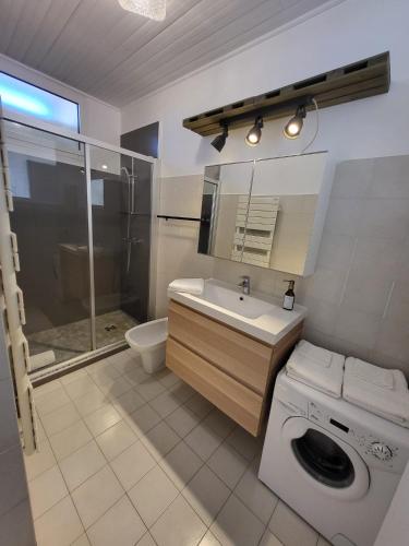 une salle de bain avec une machine à laver et un lavabo dans l'établissement #TheCosyStudio06 Meyerbeer Promenade Negresco, à Nice