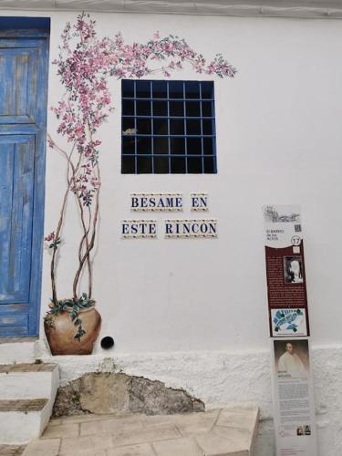 un cartel en una pared con una planta en un jarrón en Espectacular loft dúplex, en Ayora
