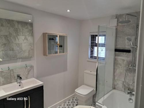 uma casa de banho com um chuveiro, um WC e um lavatório. em KILEX House Bedlinog - Rock Summit Climbing, Bike Park Wales, Zip World Tower, Brecon Beacons, Eisteddfod, Contractors em Bedlinog