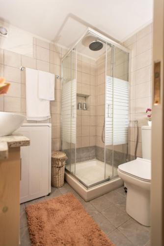 a bathroom with a shower and a toilet and a sink at Gifel - Luxury apartment in Kalamaki