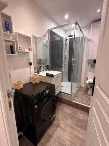 une salle de bain avec douche et machine à laver dans l'établissement Super maison f2… avec jardin, à Bondy