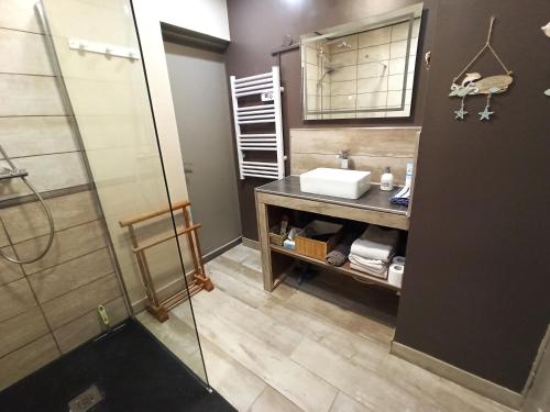 La salle de bains est pourvue d'un lavabo et d'une douche. dans l'établissement Le Belvédère en baie, vue sur la baie, à Saint-Valery-sur-Somme