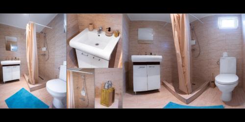 three pictures of a bathroom with a sink and a toilet at Vila La Panda in Costinesti