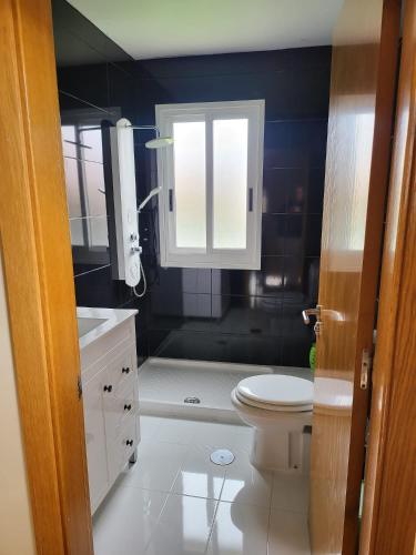 a bathroom with a toilet and a sink and a shower at CHALET A SOLO 5 MIN DE OURENSE CIUDAD con jardín y barbacoa in Ourense