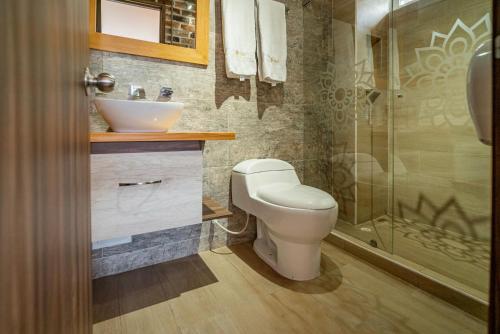 a bathroom with a toilet and a sink and a shower at Casa del Sol in Villavicencio