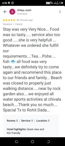 a screenshot of a text message about food at Holiday Tourisms Group of Homestay Rooms Scuba Diving Boating Watersports-Tarkarli-Devbag Beach in Bhogwe