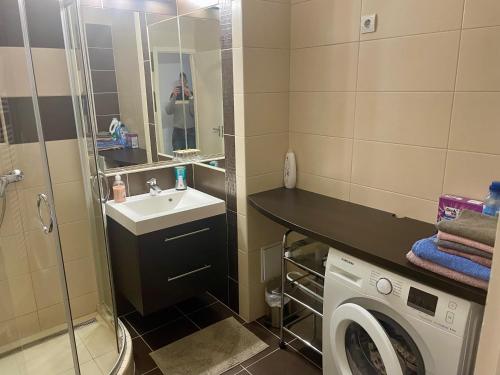 a bathroom with a sink and a washing machine at City center Zalaegerszeg in Zalaegerszeg