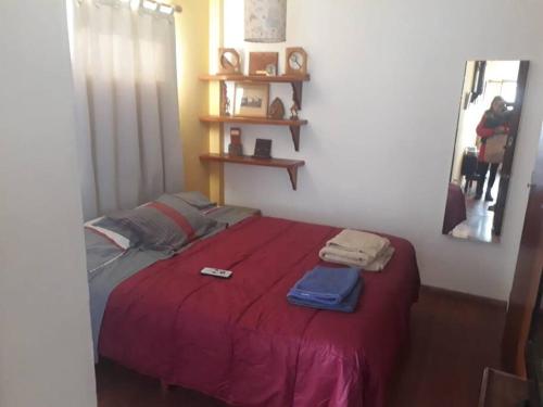 ein Schlafzimmer mit einem Bett mit einer roten Decke in der Unterkunft LUMINOSO FUNCIONAL. UBICACION Y VISTA INMEJORABLES in San Carlos de Bariloche