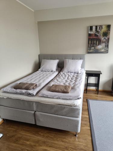1 cama con 2 almohadas en una habitación en Lägenhet på markplan, en Mariehamn