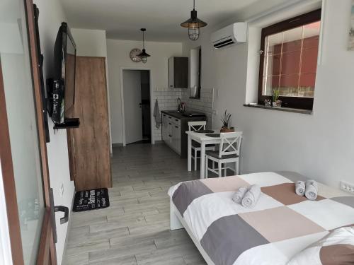 1 dormitorio con 2 camas y cocina con mesa en Apartma Pinea en Portorož