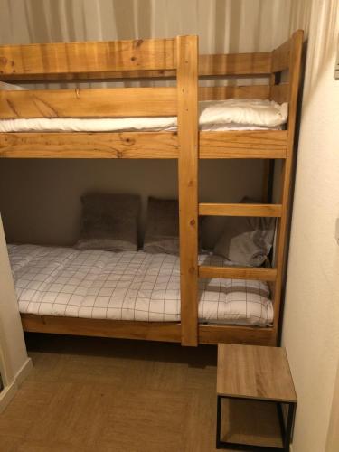 quelques lits superposés dans une chambre dans l'établissement Arcachon charmant studio sur le port aperçu mer., à Arcachon