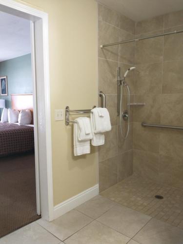 a bathroom with a shower with towels and a bed at Apalachicola Bay Inn in Apalachicola