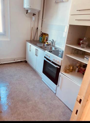 une cuisine avec des armoires blanches, un évier et une cuisinière dans l'établissement Appartement Paris centre, à Paris