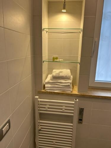 een badkamer met een handdoekenrek en een spiegel bij Aurelia Antica ELLE Apartment in Rome