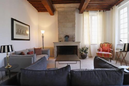 un salon avec des canapés et une cheminée dans l'établissement Uzès Place aux Herbes Elégance Renaissance, à Uzès