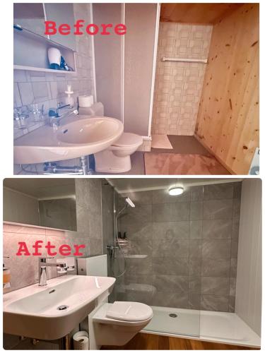 two pictures of a bathroom with a sink and a toilet at One Bedroom with mountain and garden view ground floor of Chalet Solaria in Zweisimmen