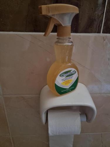 a bottle of soap sitting on top of a toilet paper dispenser at Taher's family -by bed- "no Egyptians" in Cairo