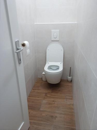 a bathroom with a white toilet in a stall at Apartman Vanja in Rijeka