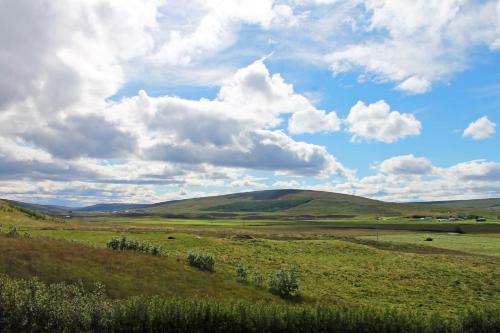 a field with green hills and a cloudy sky at Öndólfsstaðir Farm B&B in Laugar