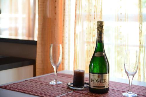 a bottle of wine and two glasses on a table at Filand Apartmani in Ohrid
