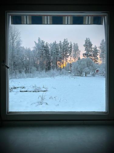 a window with a view of a snow covered field at Sixty Six Degrees North - Lapland Home & Forest in Överkalix