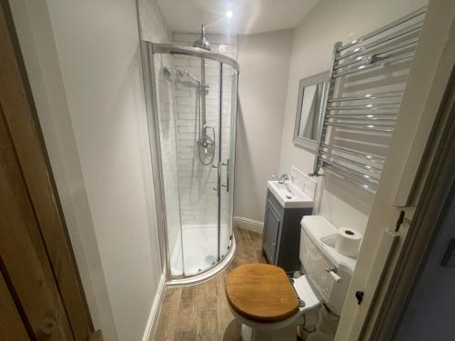 a bathroom with a shower and a toilet at Charming cottage near airport in Yatton