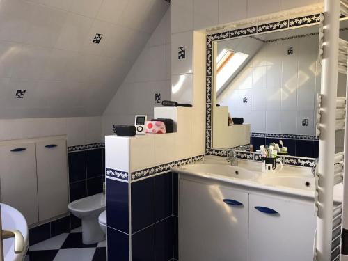 La salle de bains est pourvue d'un lavabo, d'un miroir et de toilettes. dans l'établissement Chambourcy, à Poissy