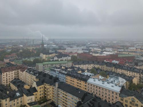 an aerial view of a city with buildings at Cosy, brand new apartment in best area in Helsinki