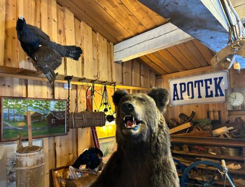 a statue of a brown bear in a room at Sixty Six Degrees North - Lapland Home & Forest in Överkalix