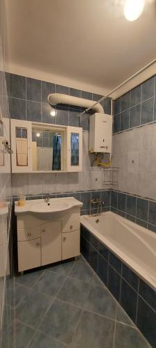 a bathroom with a sink and a bath tub at Balaton apartman in Balatonboglár