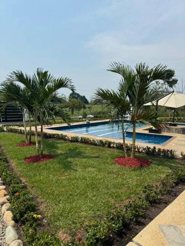 a swimming pool with palm trees in a resort at Villa Bella Verde in Acacías