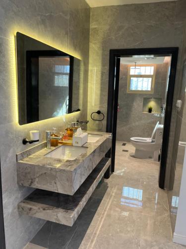 uma casa de banho com um grande lavatório em mármore e um WC. em شاليه فرحتي em Al Madinah