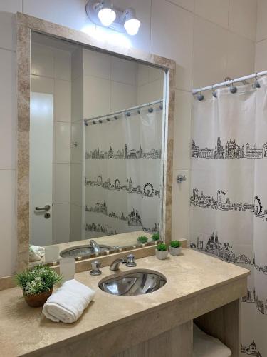 a bathroom with a sink and a large mirror at Luminoso departamento con cochera in San Juan