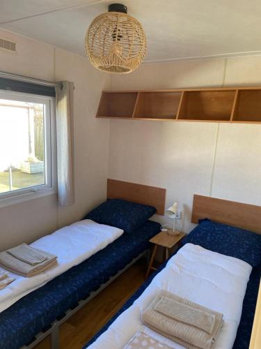 two beds in a small room with a window at Lila aan zee - Recreatiepark de Watersnip in Petten