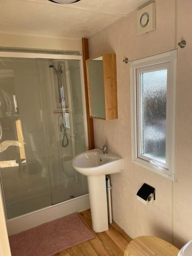 a bathroom with a sink and a shower at Lila aan zee - Recreatiepark de Watersnip in Petten