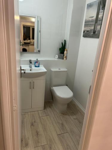 uma casa de banho com um WC, um lavatório e um espelho. em Cosy Three Bed, Lewisham em Londres