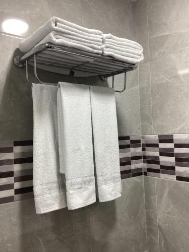 a group of towels hanging on a rack in a bathroom at María y Juan Apartamento con Garaje in Sanlúcar de Barrameda