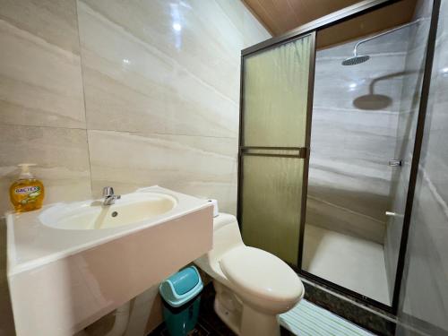 a bathroom with a toilet and a sink and a shower at Casa Quepos in Quepos