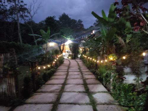 a walkway lit up at night with lights at Villa Don Che in Jarabacoa